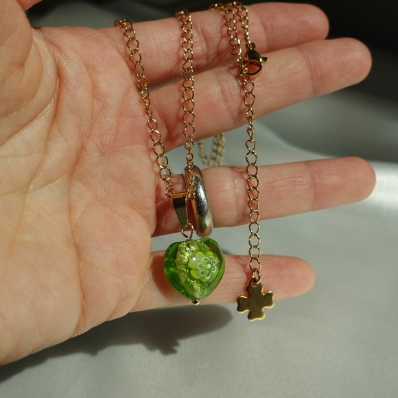 Green heart lampwork pendant gold chain non tarnish jewelry waterproof necklace - Picture 2 of 5